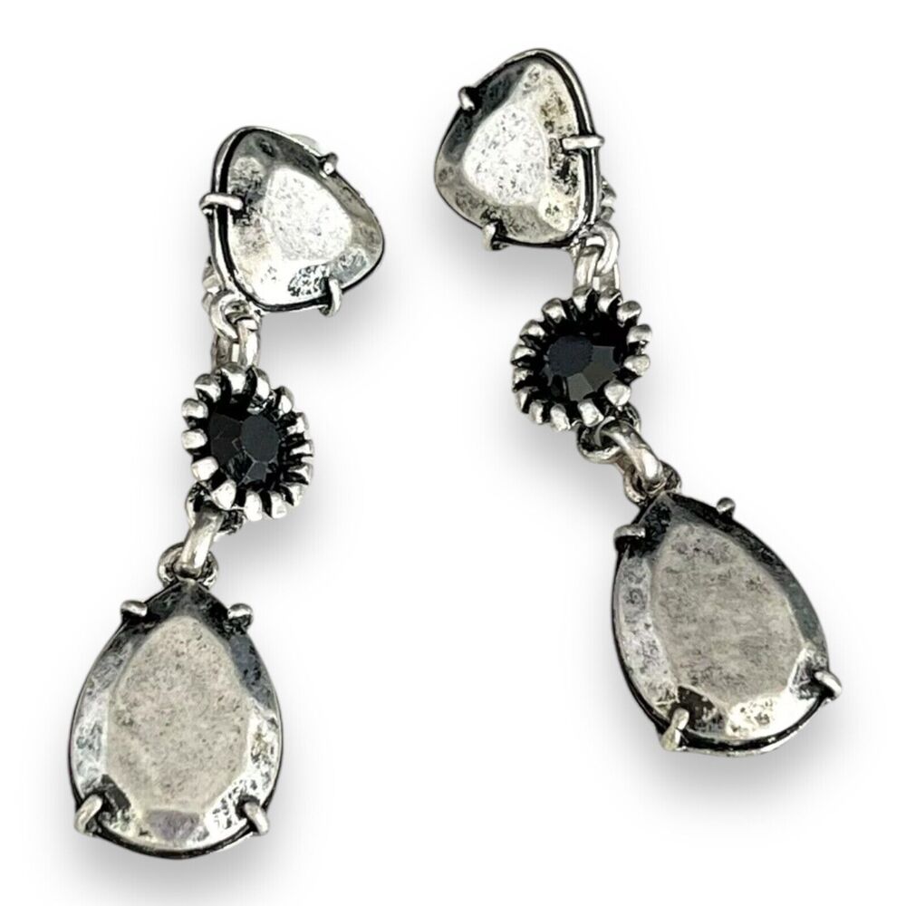 Vintage 1980s Statement Earrings Antique Silver Crystal Hammered Tone Clip - 6H